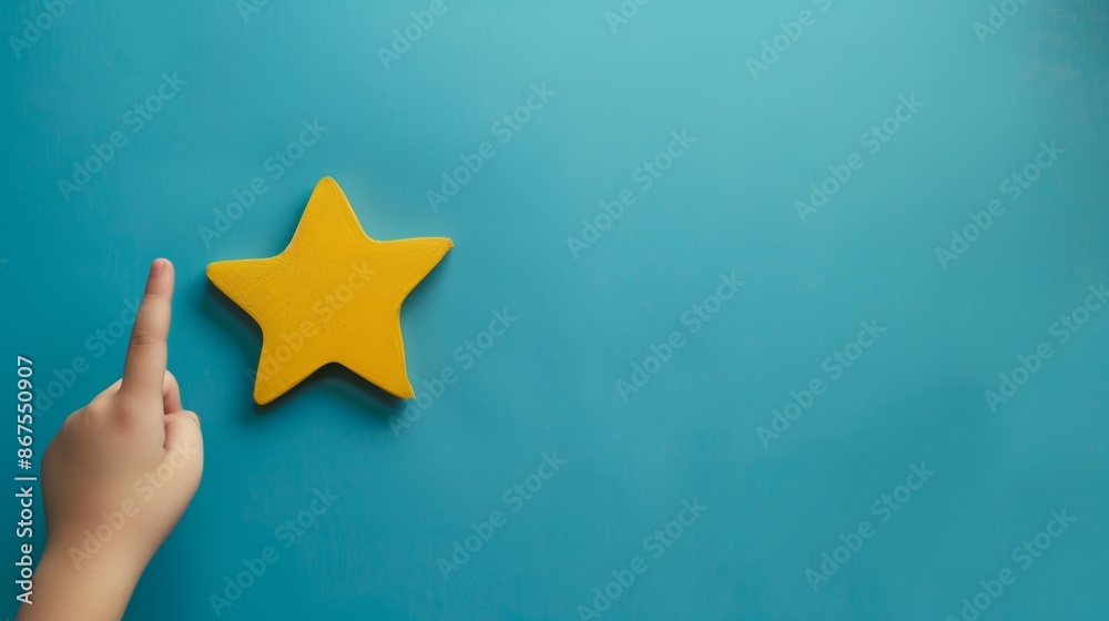 Child's hand pointing at a yellow star on blue background, educational concept Child's hand pointing at a yellow star on blue background, educational concept