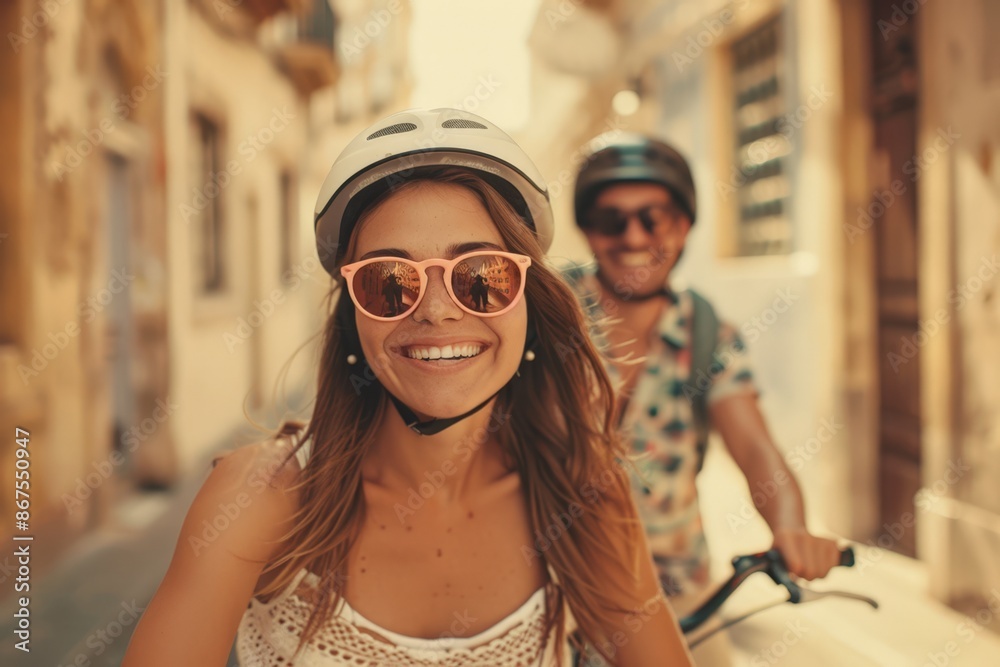 Happy Couple Riding Bicycles in a European City Street Happy Couple Riding Bicycles in a European City Street