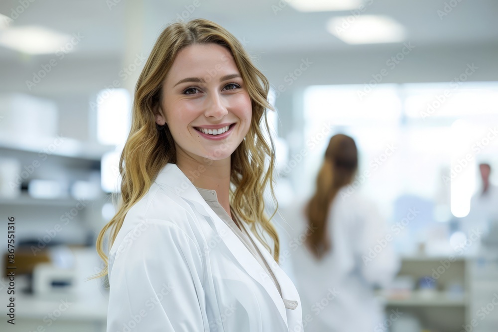 Smiling Female Scientist in Lab Coat Smiling Female Scientist in Lab Coat