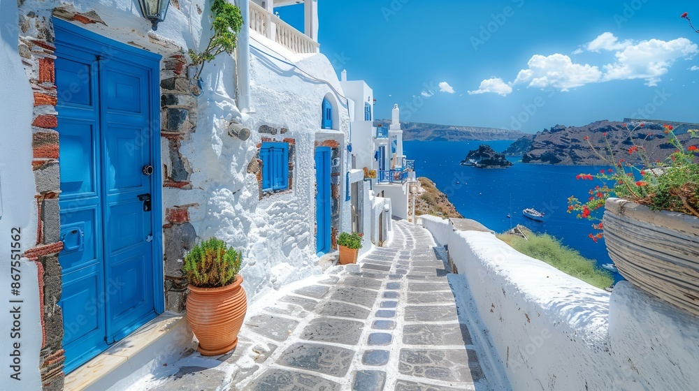 Obraz premium A Sunny Greek Street With a Breathtaking View of the Aegean Sea. Generative AI