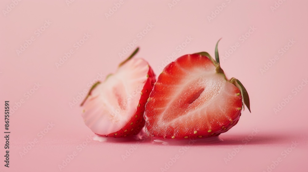 A close-up of two halves of a strawberry, showcasing the bright red fruit and its juicy, white interior, displayed on a pale pink background A close-up of two halves of a strawberry, showcasing the bright red fruit and its juicy, white interior, displayed on a pale pink background