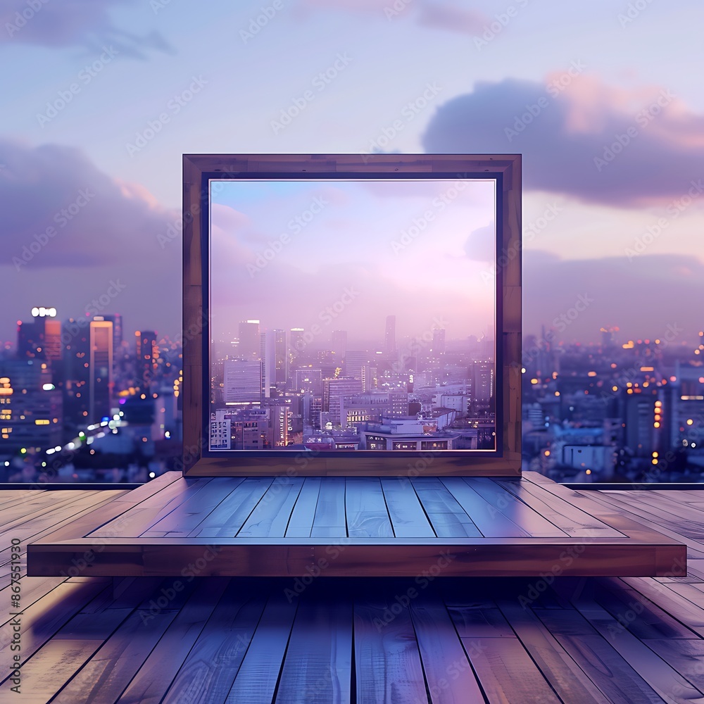 Urban landscape backdrop with contemporary wooden platform and square digital screen.