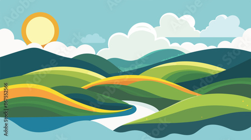 Abstract green landscape wallpaper background illustration design with hills and mountains hyper realistic
