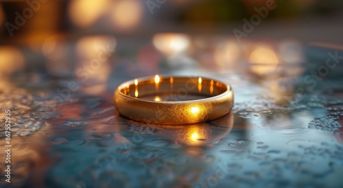 Closeup of a Gold Wedding Band on a Table With Bokeh Lights in the Background