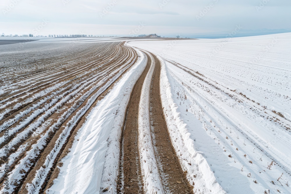 A snowy field with a dirt road in the middle A snowy field with a dirt road in the middle