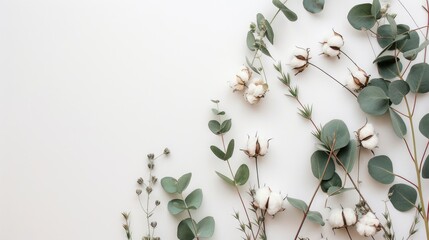 Floral arrangement with eucalyptus and cotton on white backdrop viewed from above with space for text