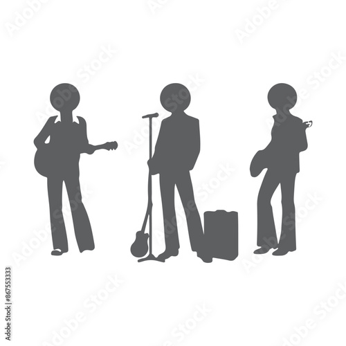 Silhouettes of three retro dancing man, funk, soul and disco music - 60s, 70s style, Posing disco dancers isolated on white background. Hetero couple in party 1970s style clothing.