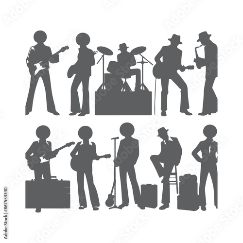 Silhouettes of three retro dancing man, funk, soul and disco music - 60s, 70s style, Posing disco dancers isolated on white background. Hetero couple in party 1970s style clothing.