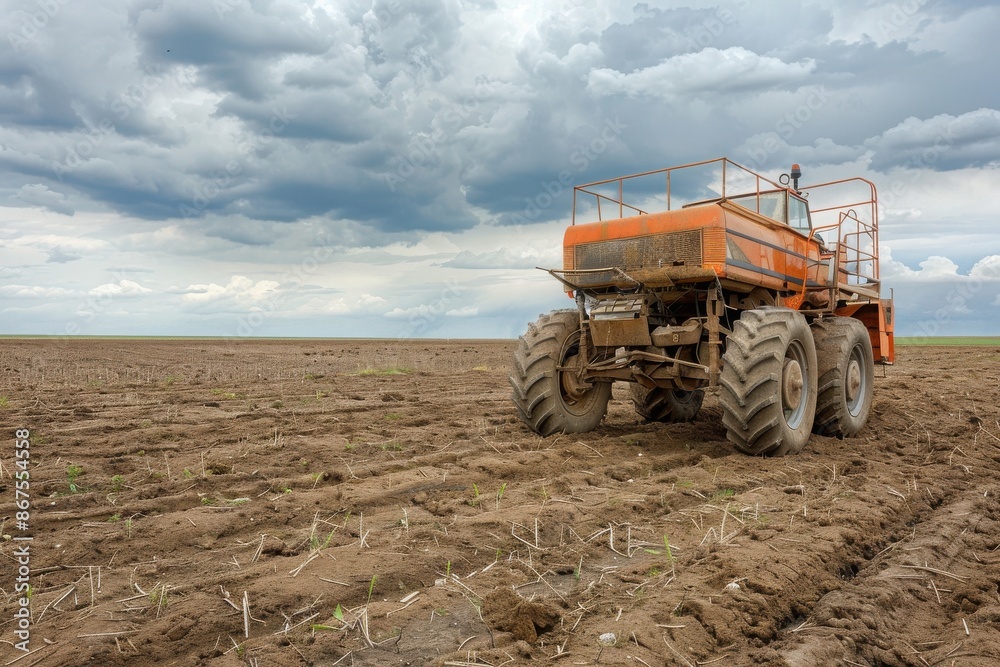 Obraz premium A large orange tractor is driving through a field of dirt