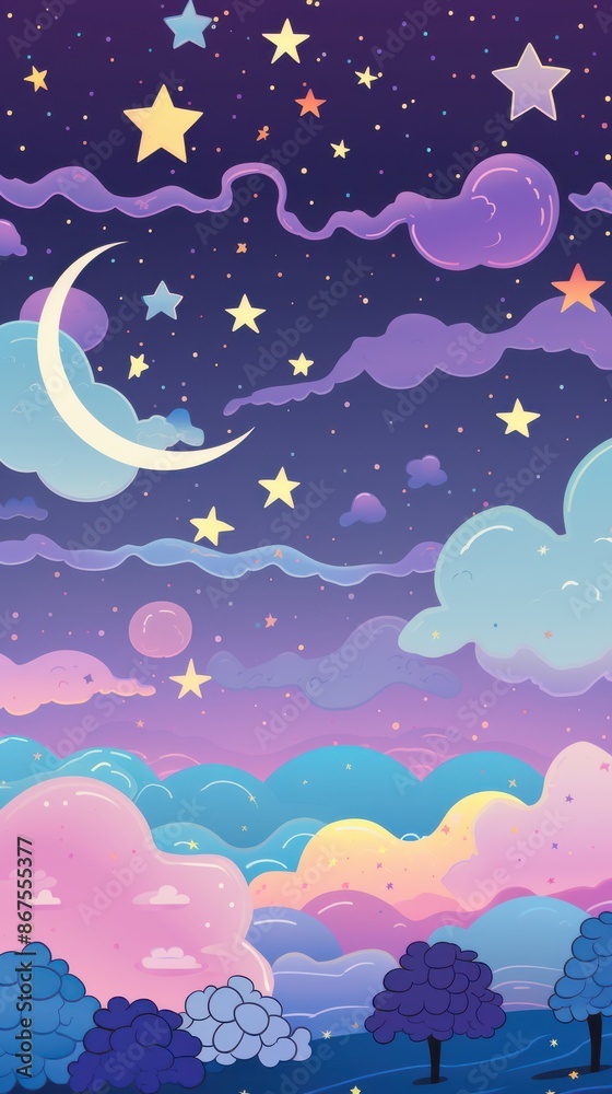 Whimsical Night Sky. Cartoon Illustration of Crescent Moon, Colorful Stars, and Dreamy Clouds Whimsical Night Sky. Cartoon Illustration of Crescent Moon, Colorful Stars, and Dreamy Clouds