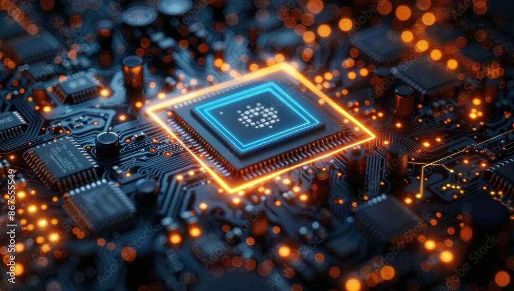 Closeup of a Circuit Board with a Glowing CPU Closeup of a Circuit Board with a Glowing CPU