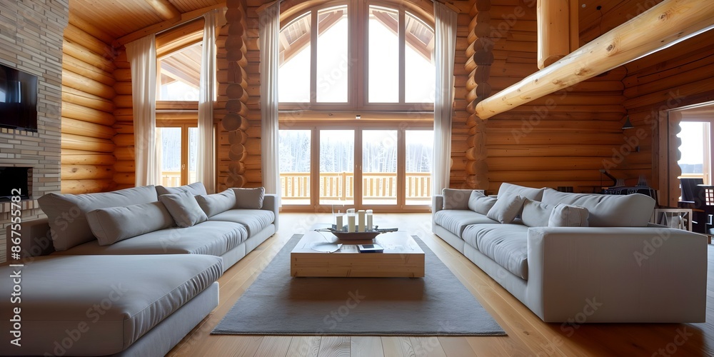 Spacious living room with tall ceiling large window and rustic log cabin feel. Concept Rustic Decor, High Ceilings, Large Windows, Spacious Living Room, Log Cabin Vibes Spacious living room with tall ceiling large window and rustic log cabin feel. Concept Rustic Decor, High Ceilings, Large Windows, Spacious Living Room, Log Cabin Vibes