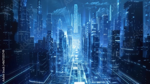 Futuristic Cityscape at Night with Neon Lights and Skyscrapers