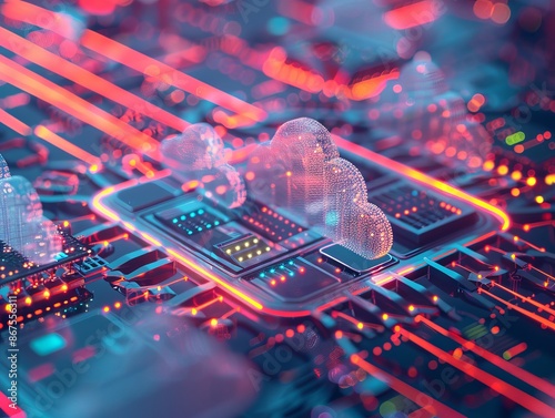 This illustration imagines cloud computing as an abstract, glowing cloud over a futuristic circuit board, ideal for a tech wallpaper or background scene photo