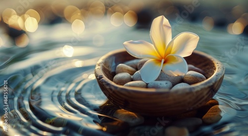 White Plumeria Flower Floating in Wooden Bowl With Water and Pebbles