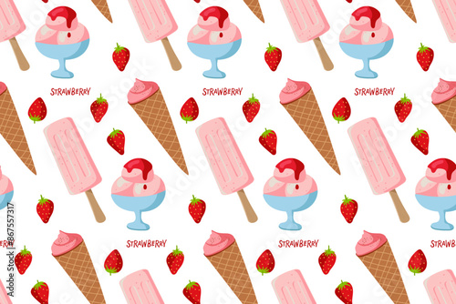 Seamless pattern with Strawberry ice cream. Various types of sweet food dessert with strawberries. Delicious desserts background for wallpaper, textile, wrapping paper. Repeated Flat design for menu.