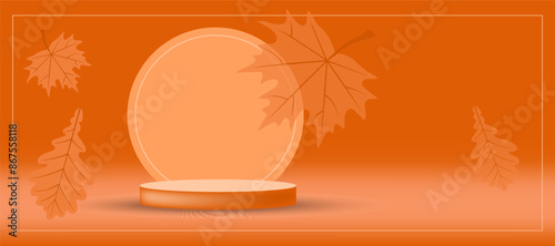Autumn background with Podium of object and falling leaves. Vector illustration. Gradient blurred background with copy space. Cylinder pedestal podium with oak and maple leaves in pastel color