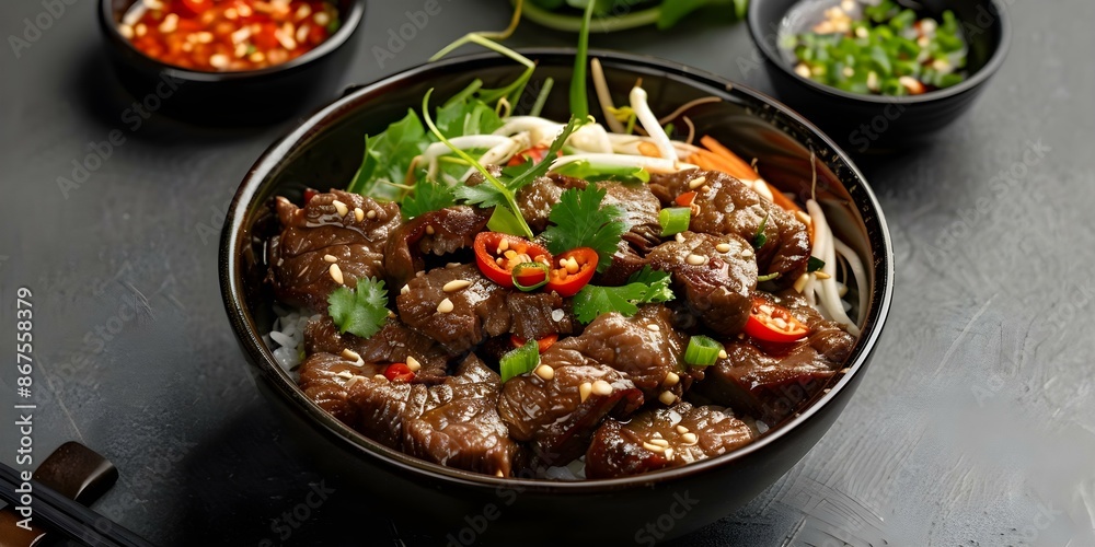 Vietnamese cuisine dish Bo Luc Lac also known as Shaking Beef. Concept Vietnamese Cuisine, Bo Luc Lac, Shaking Beef Vietnamese cuisine dish Bo Luc Lac also known as Shaking Beef. Concept Vietnamese Cuisine, Bo Luc Lac, Shaking Beef