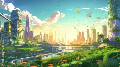 Abandoned futuristic city overgrown with nature during sunrise. Concept art illustration of urban decay, environmental renewal, post-apocalyptic world