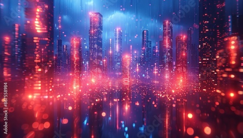 Neon Cityscape with Red and Blue Lights