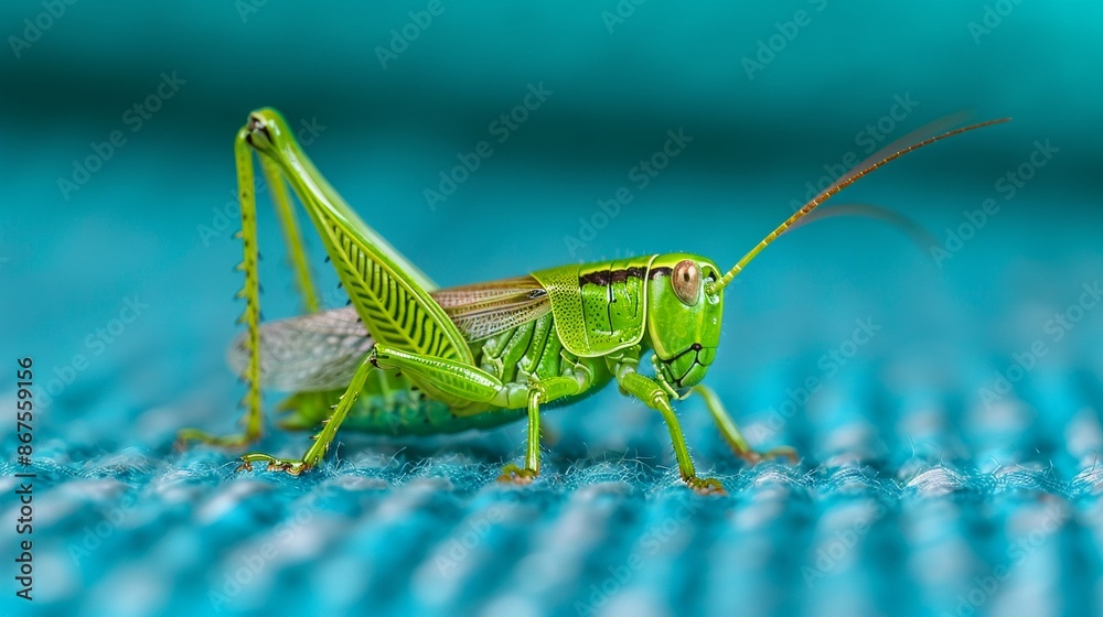 Fototapeta premium Grasshopper on a carpet, high detail, green tones, watercolor texture