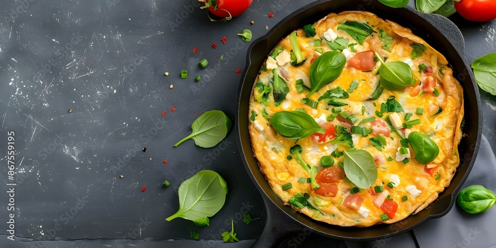 Skillet omelette with diced veggies and cheddar cheese. Concept To make a skillet omelette with diced veggies and cheddar cheese, you'll need eggs, diced veggies, cheddar cheese, butter, salt Skillet omelette with diced veggies and cheddar cheese. Concept To make a skillet omelette with diced veggies and cheddar cheese, you'll need eggs, diced veggies, cheddar cheese, butter, salt