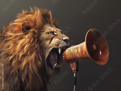 Illustration of an abstract scene with a lion roaring into a megaphone, symbolizing power and communication, makes a striking wallpaper or background photo