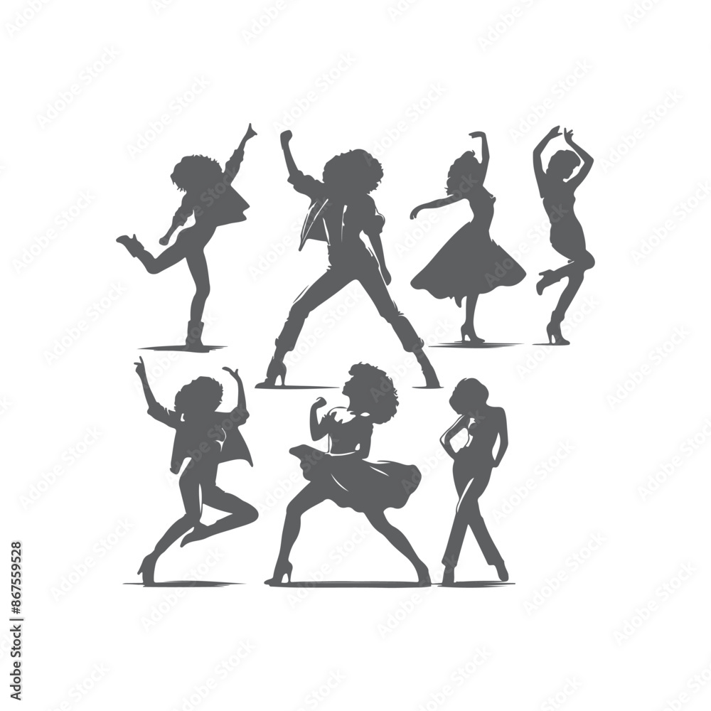 Silhouettes of three retro dancing woman, funk, soul and disco music - 60s, 70s style, Posing disco dancers isolated on white background. Hetero couple in party 1970s style clothing. Silhouettes of three retro dancing woman, funk, soul and disco music - 60s, 70s style, Posing disco dancers isolated on white background. Hetero couple in party 1970s style clothing.