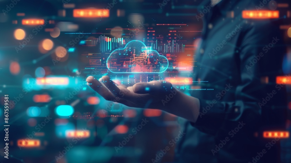 Futuristic Cloud Technology Business Professional Holds Holographic Symbol of Data Storage and Analysis with Dark Blue Gradient Background Futuristic Cloud Technology Business Professional Holds Holographic Symbol of Data Storage and Analysis with Dark Blue Gradient Background