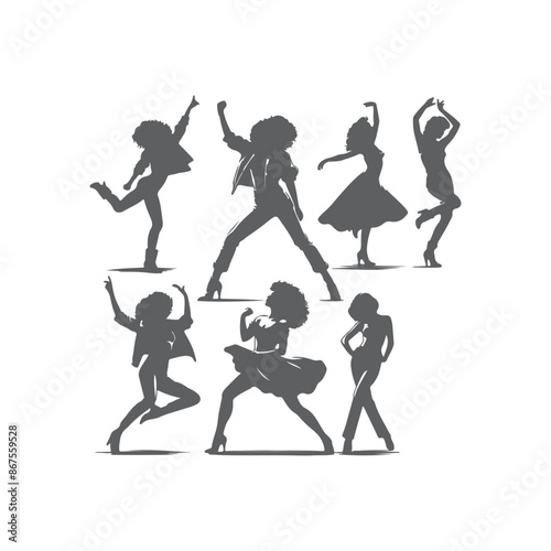 Silhouettes of three retro dancing woman, funk, soul and disco music - 60s, 70s style, Posing disco dancers isolated on white background. Hetero couple in party 1970s style clothing.