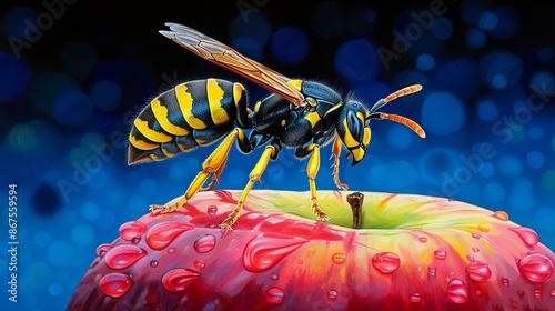 Wasp on a slice of apple, photorealistic, vibrant colors, watercolor finish photo