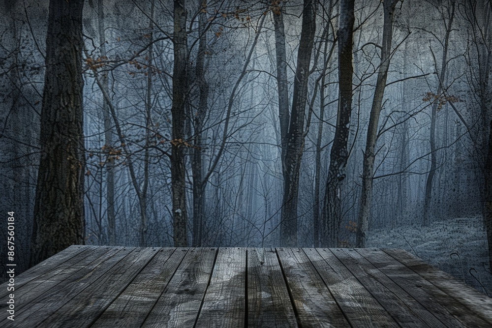Misty Forest Pathway: Wooden Bridge Amidst Foggy Trees Misty Forest Pathway: Wooden Bridge Amidst Foggy Trees