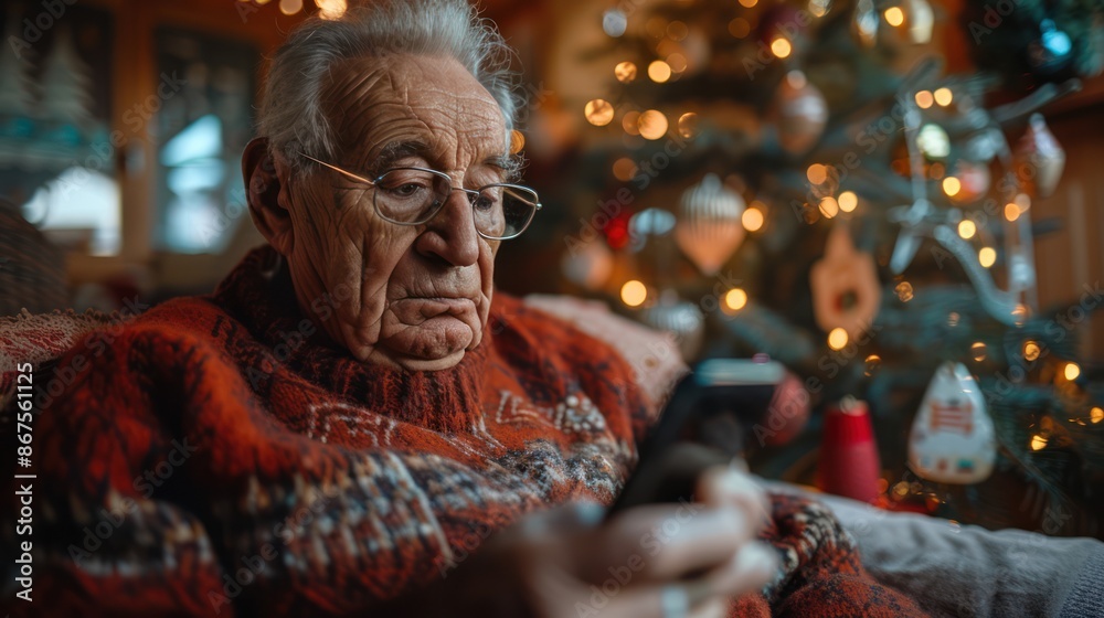 Solitude during Christmas: Elderly Man Celebrating Alone with Smartphone by Decorated Tree Solitude during Christmas: Elderly Man Celebrating Alone with Smartphone by Decorated Tree