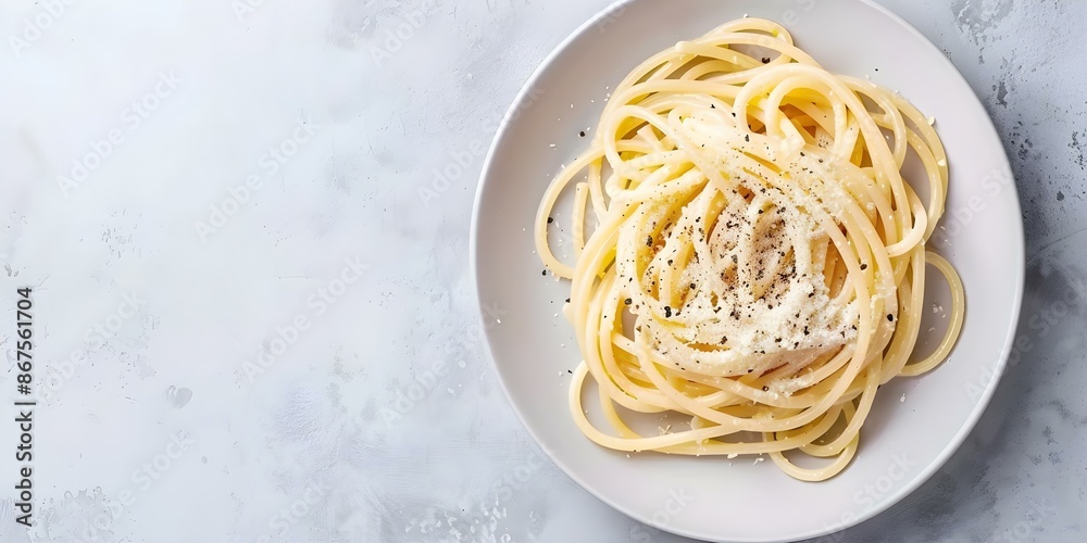 Elegant Italian plate Cacio e Pepe simple spaghetti Pecorino Romano black pepper. Concept Cacio e pepe recipe, Italian cuisine, Pecorino Romano cheese, Black pepper, Spaghetti recipe Elegant Italian plate Cacio e Pepe simple spaghetti Pecorino Romano black pepper. Concept Cacio e pepe recipe, Italian cuisine, Pecorino Romano cheese, Black pepper, Spaghetti recipe
