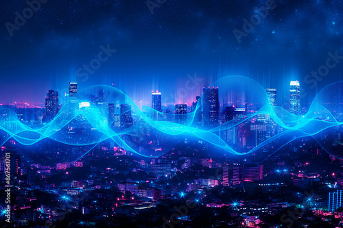 A digital illustration of a vibrant cityscape at night with a dynamic neon light wave on a starry background, concept of futuristic technology. Generative AI