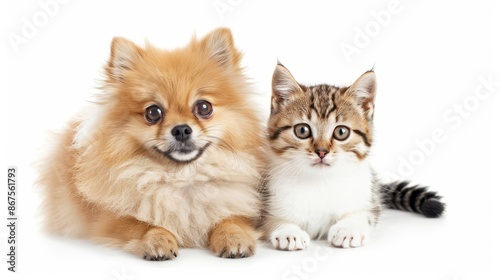 Furry Friends Adorable Pomeranian Dog and Tabby Kitten Showcase Unbreakable Bond Against Clean White Background Perfect Image for Pet Lovers and Animal Enthusiasts Looking for Heartwarming Content © AbiScene