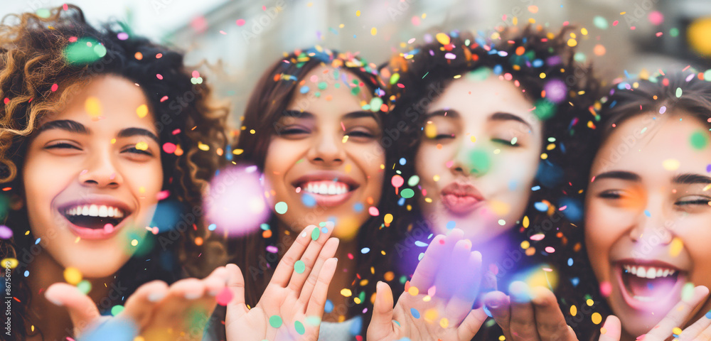 Happy young women blowing confetti towards the camera, showing joy and celebration on a blurred urban background. Generative AI Happy young women blowing confetti towards the camera, showing joy and celebration on a blurred urban background. Generative AI