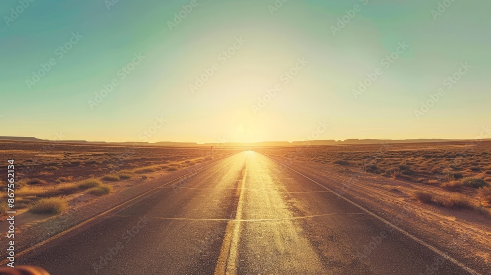 Fototapeta premium Desert Highway at Sunrise: Empty Road Leading to the Horizon