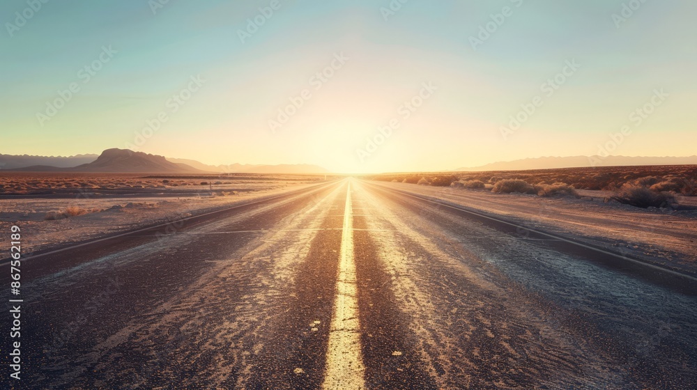 Naklejka premium Desert Highway at Sunrise: Empty Road Leading to the Horizon