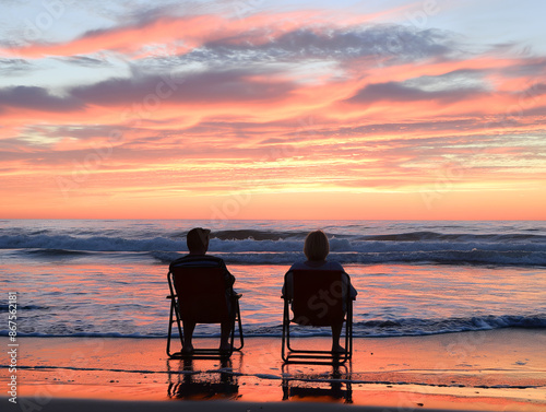 Two people sitting on chairs facing the ocean at sunset, capturing the concept of relaxation and tranquility. Generative AI © Who is Danny