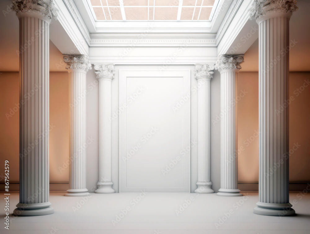 Classical interior with elegant columns and a door, designed in a schematic style, against a peach background, showcasing a concept of elegance. Generative AI Classical interior with elegant columns and a door, designed in a schematic style, against a peach background, showcasing a concept of elegance. Generative AI