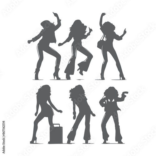 Silhouettes of three retro dancing woman, funk, soul and disco music - 60s, 70s style, Posing disco dancers isolated on white background. Hetero couple in party 1970s style clothing.