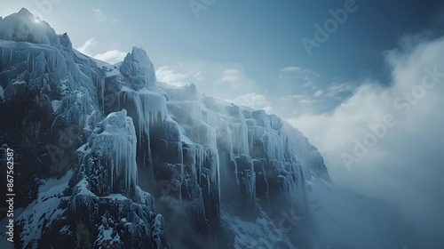 Majestic rocky cliff covered with hoarfrost located against blue sky with clouds and mountain ridge with snowy peaks on winter day photo