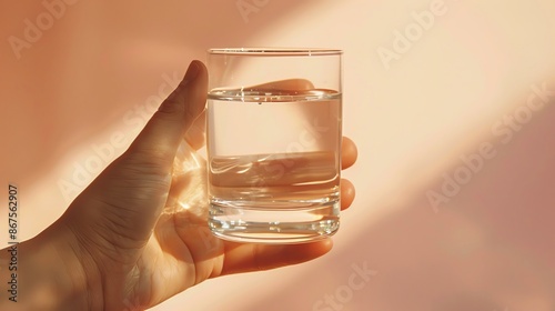 Taking medication with a glass of water, close-up, warm tone, ample copy space