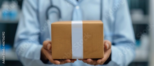 Hands holding a package with a pharmacy label, photorealistic, doorstep delivery