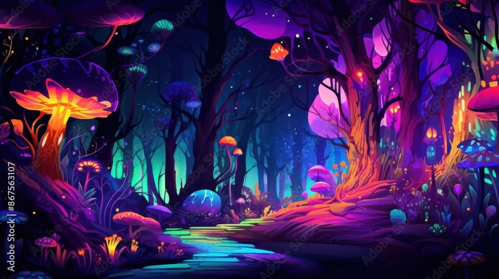 Fototapeta premium Enchanted Neon Forest. Glowing Mushrooms and Magical Pathway at Night