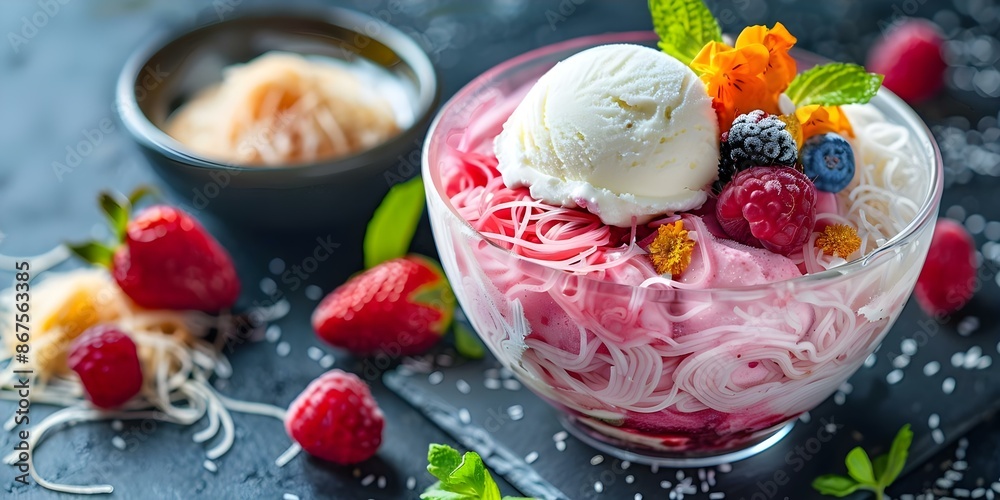 Fusion of Colorful Falooda with Silky Vermicelli Noodles and Ice Cream. Concept Dessert Ideas, Food Photography, Fusion Cuisine, Sweet Treats, Exotic Flavors Fusion of Colorful Falooda with Silky Vermicelli Noodles and Ice Cream. Concept Dessert Ideas, Food Photography, Fusion Cuisine, Sweet Treats, Exotic Flavors
