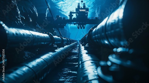 Pipelines being laid on the ocean floor by specialized ships, industrial operation, marine construction