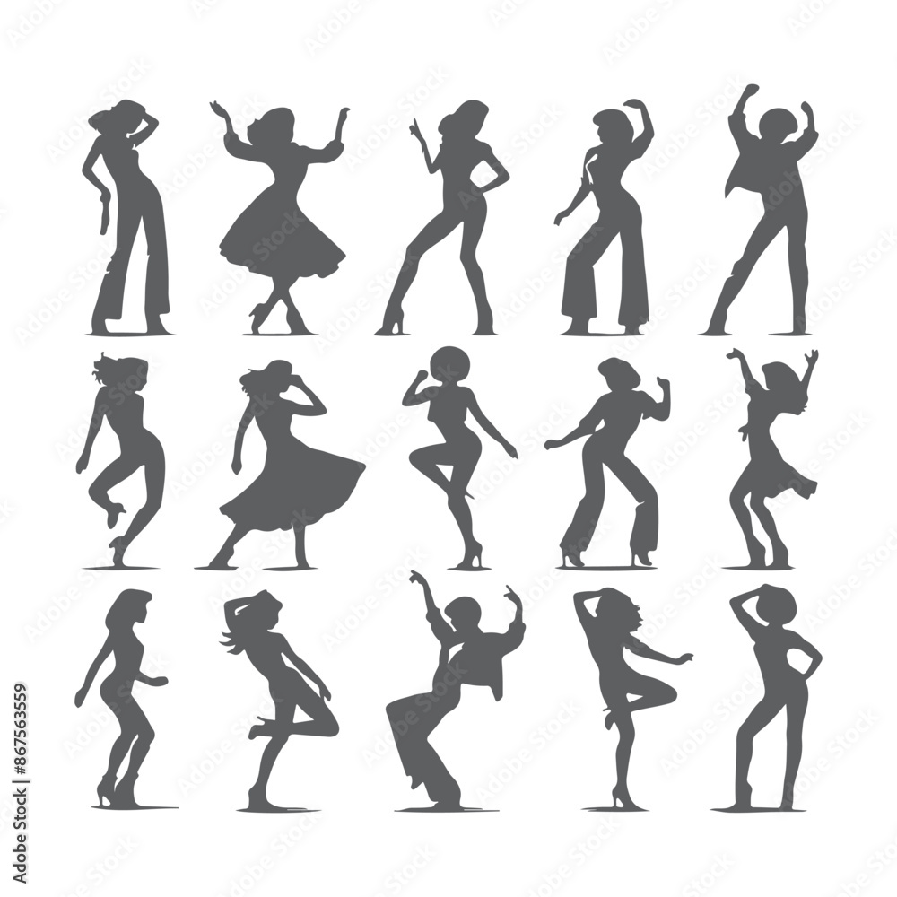 Obraz premium Silhouettes of three retro dancing woman, funk, soul and disco music - 60s, 70s style, Posing disco dancers isolated on white background. Hetero couple in party 1970s style clothing.