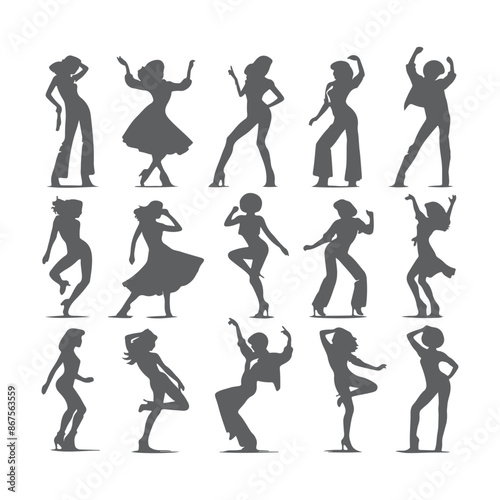 Silhouettes of three retro dancing woman, funk, soul and disco music - 60s, 70s style, Posing disco dancers isolated on white background. Hetero couple in party 1970s style clothing.
